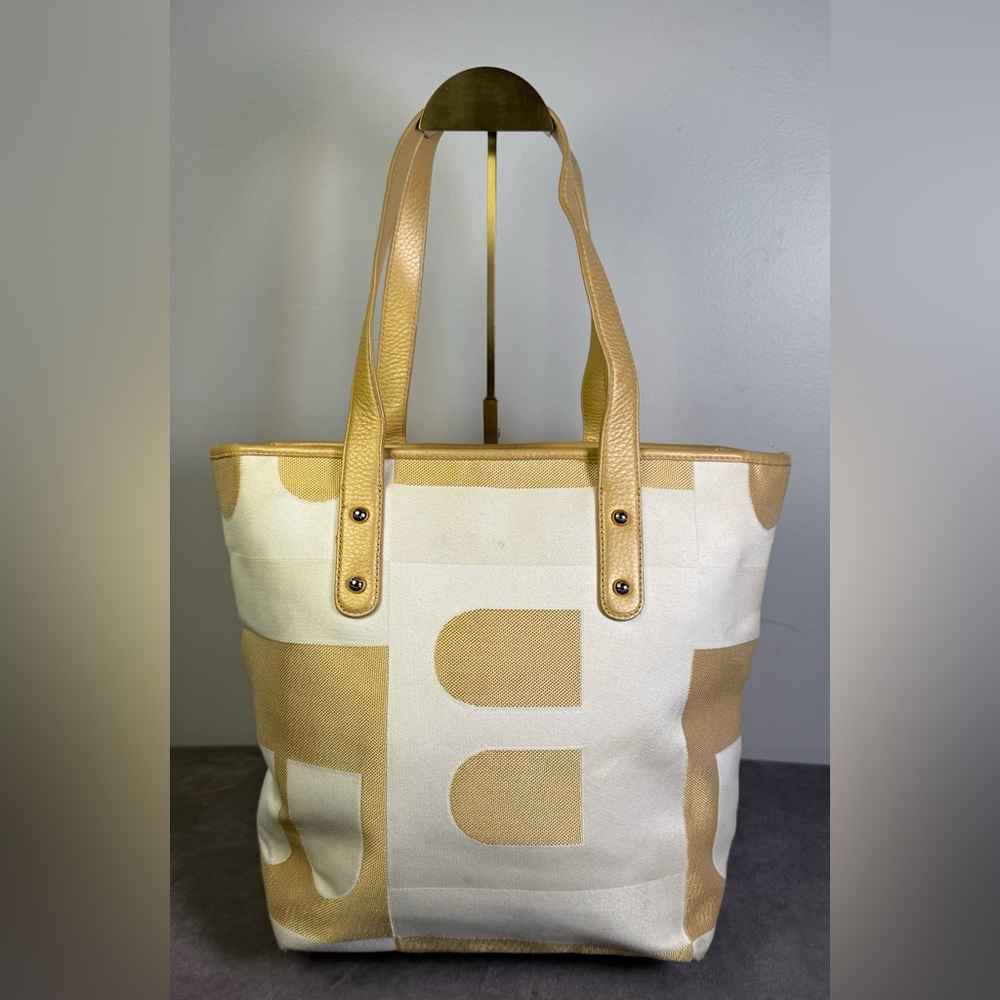 Bally canvas tote bag with gold leather trim Beige and white large 'B' pattern